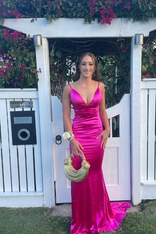 Weitese Sleeveless Spaghetti Straps Fuchsia Plunge V Neck Satin Mermaid Party Dress Prom Dress Prom Dresses Stores